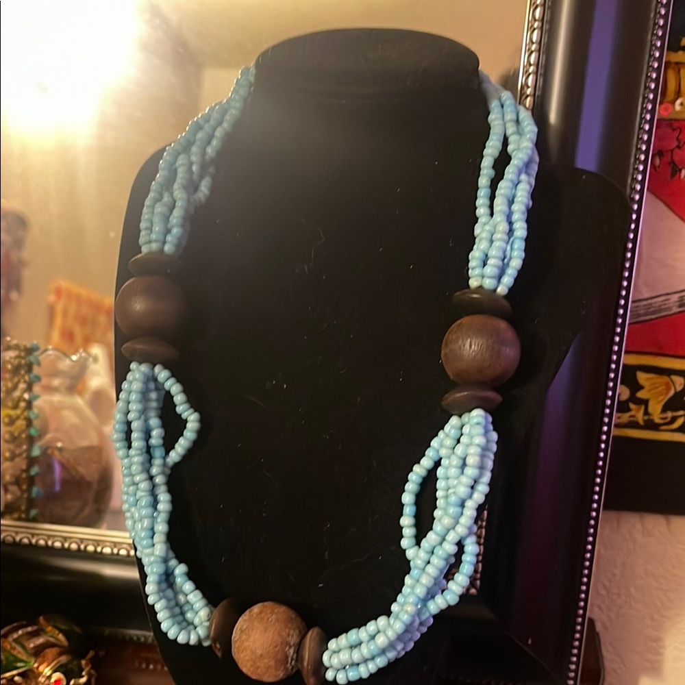 Large Blue Beaded Necklace with Wooden Accents